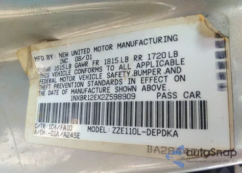 2002 Toyota Corolla Le from USA, damaged, VIN 1NXBR12EX2Z598909